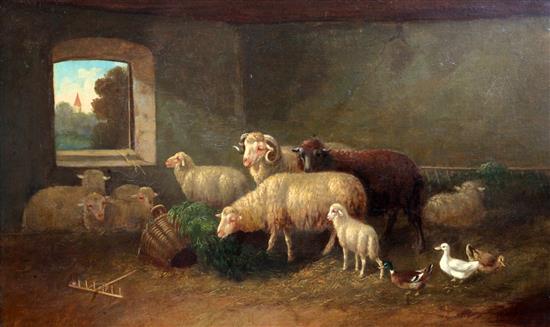 D* Newby (19th century), oil on canvas, sheep in barn interiors with chickens and ducks, a pair, signed 40 x 67cm